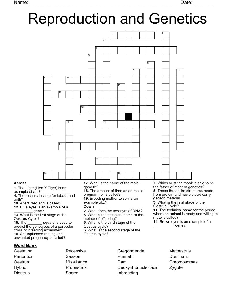 Reproduction and Genetics Crossword