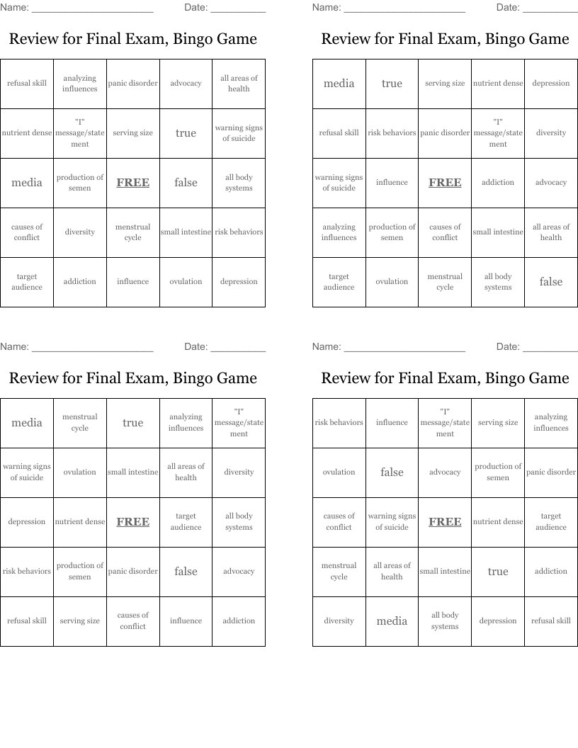 Review for Final Exam, Bingo Game