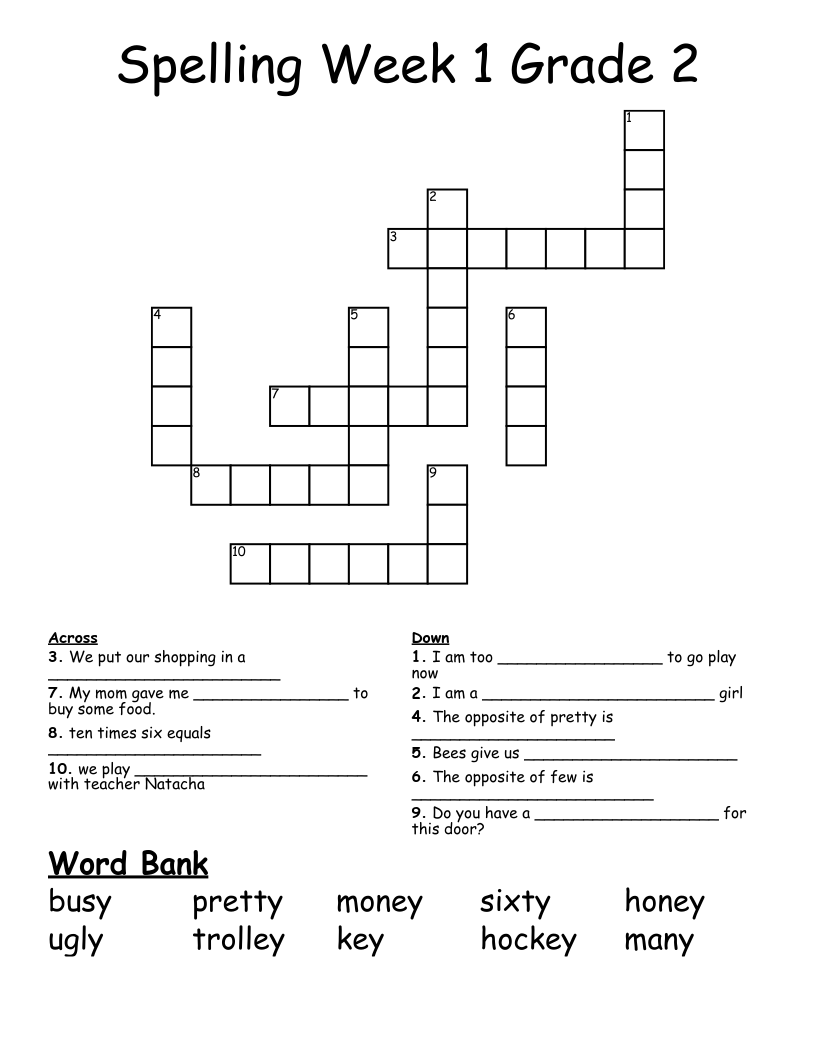 Spelling Week 1 Grade 2 Crossword