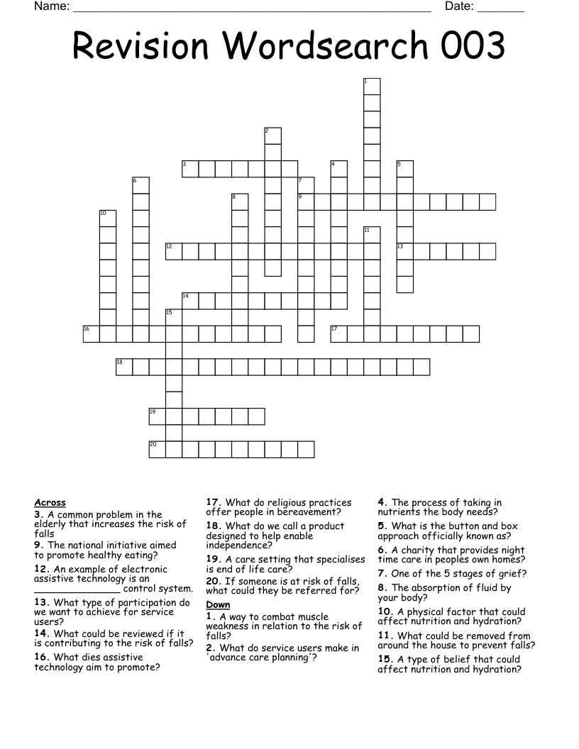 Revision Wordsearch 003 Crossword