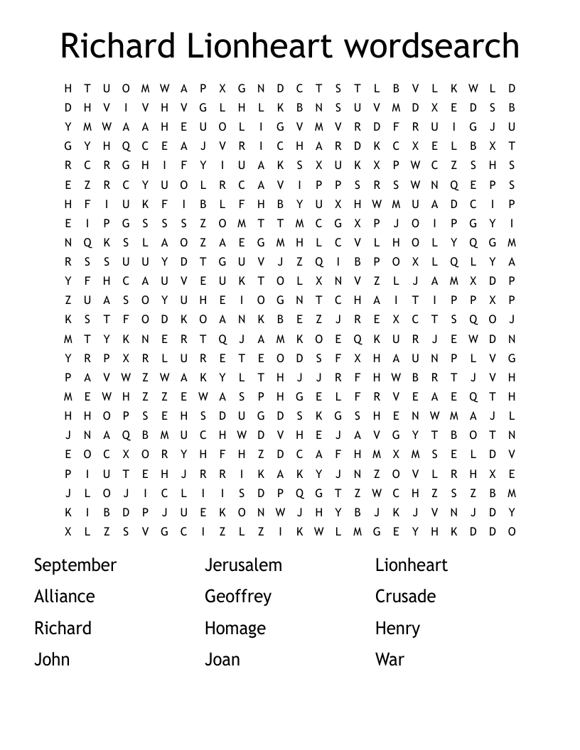 Richard Lionheart wordsearch