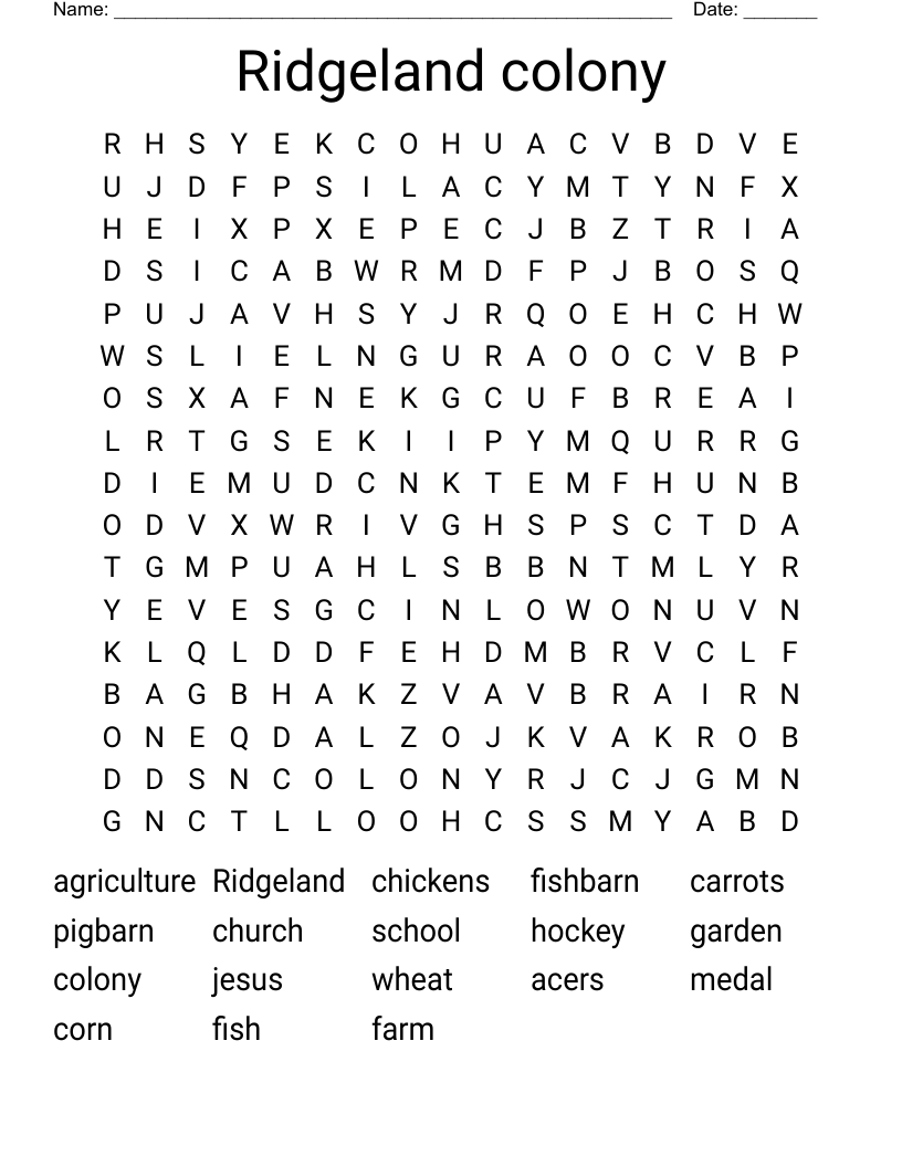 Ridgeland colony Word Search