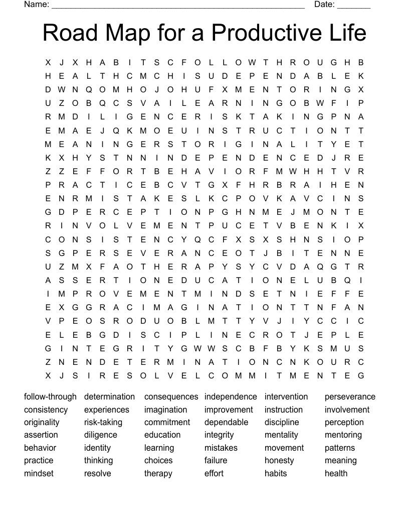 Road Map for a Productive Life Word Search