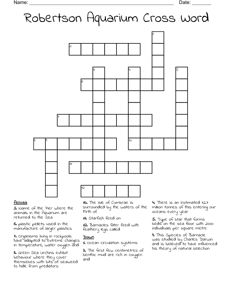 Robertson Aquarium Cross Word