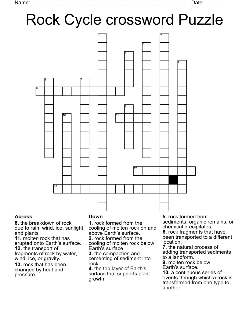 Rock Cycle Crossword Puzzle WordMint