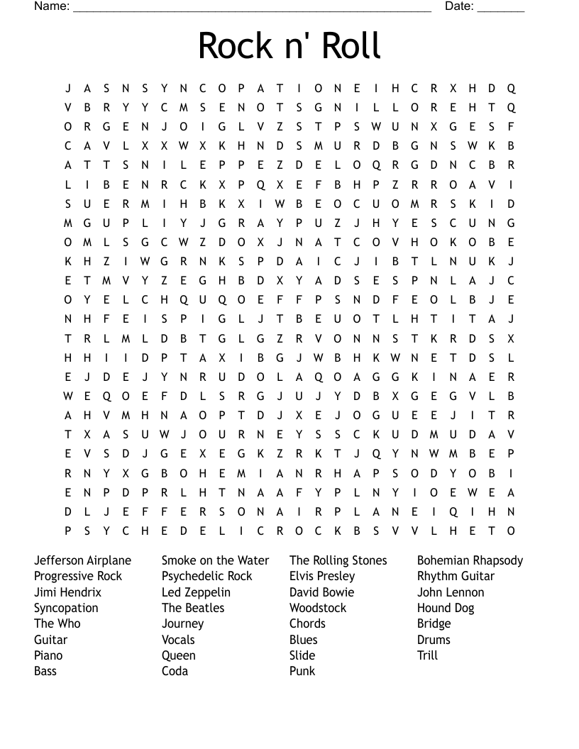 Rock And Roll Word Search WordMint