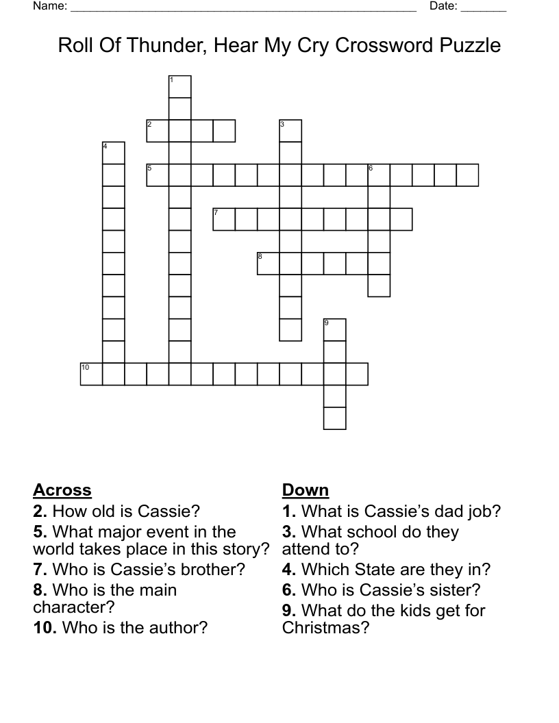 Roll Of Thunder Hear My Cry Crossword Puzzle WordMint