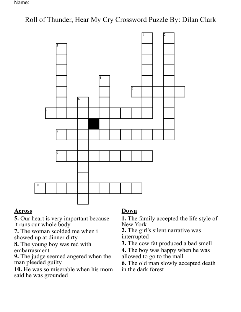 Roll Of Thunder Hear My Cry Crossword Puzzle By Dilan Clark WordMint