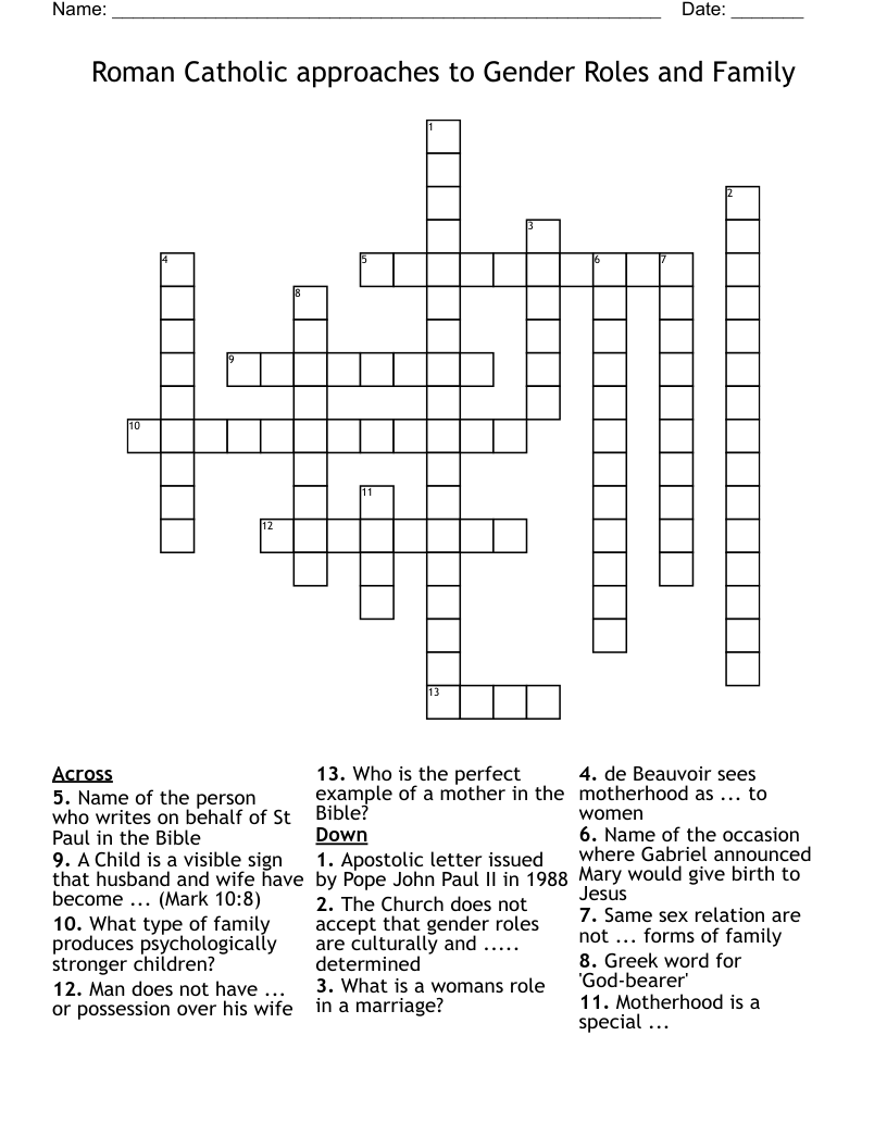 Roman Catholic approaches to Gender Roles and Family Crossword