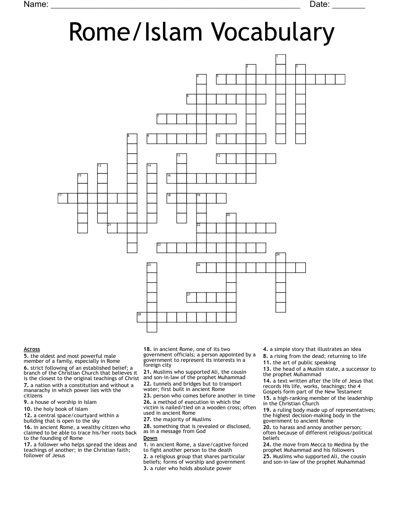 Rome/Islam Vocabulary Crossword