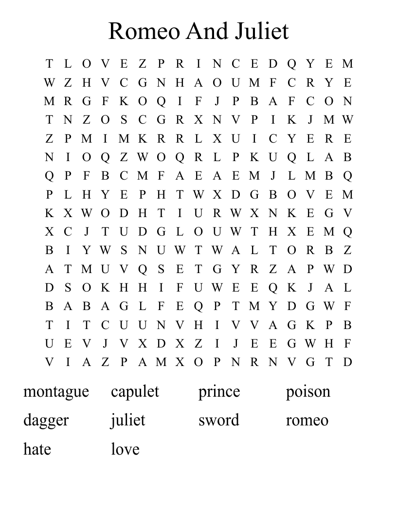 Romeo And Juliet Word Search