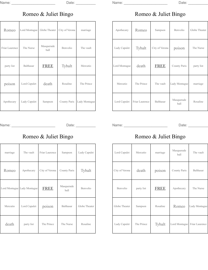 Romeo & Juliet Bingo