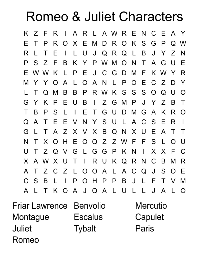 Romeo & Juliet Characters Word Search