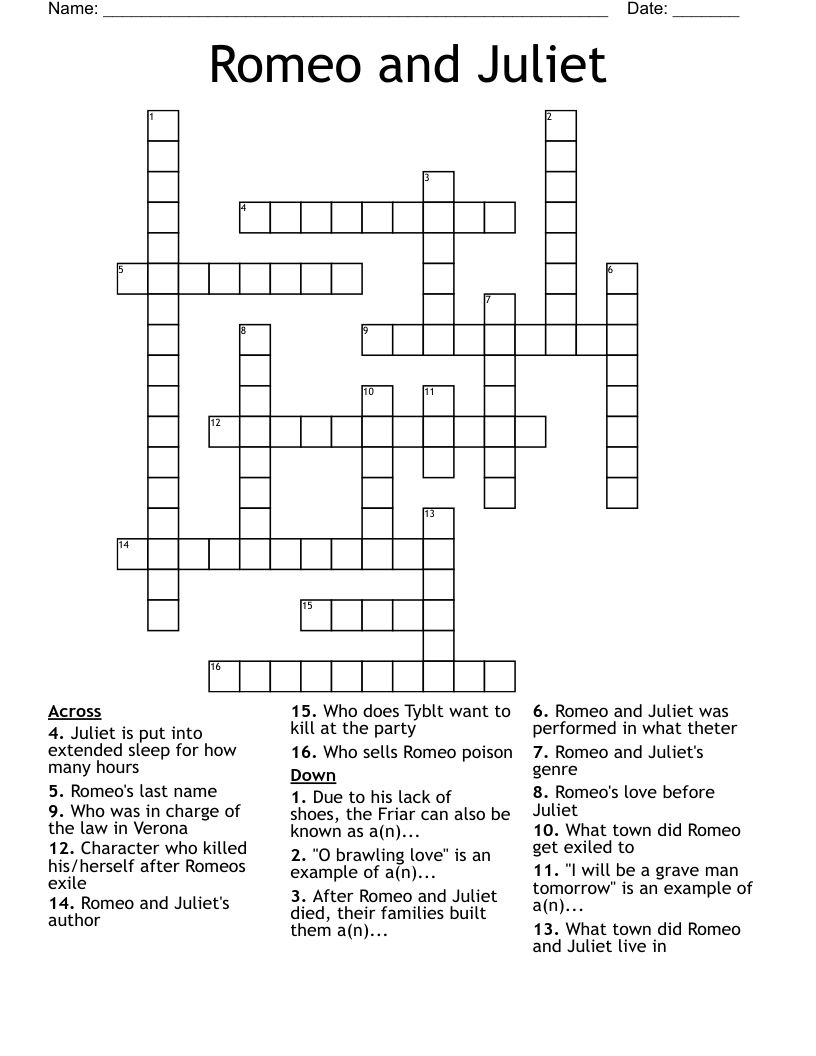 Romeo and Juliet Crossword
