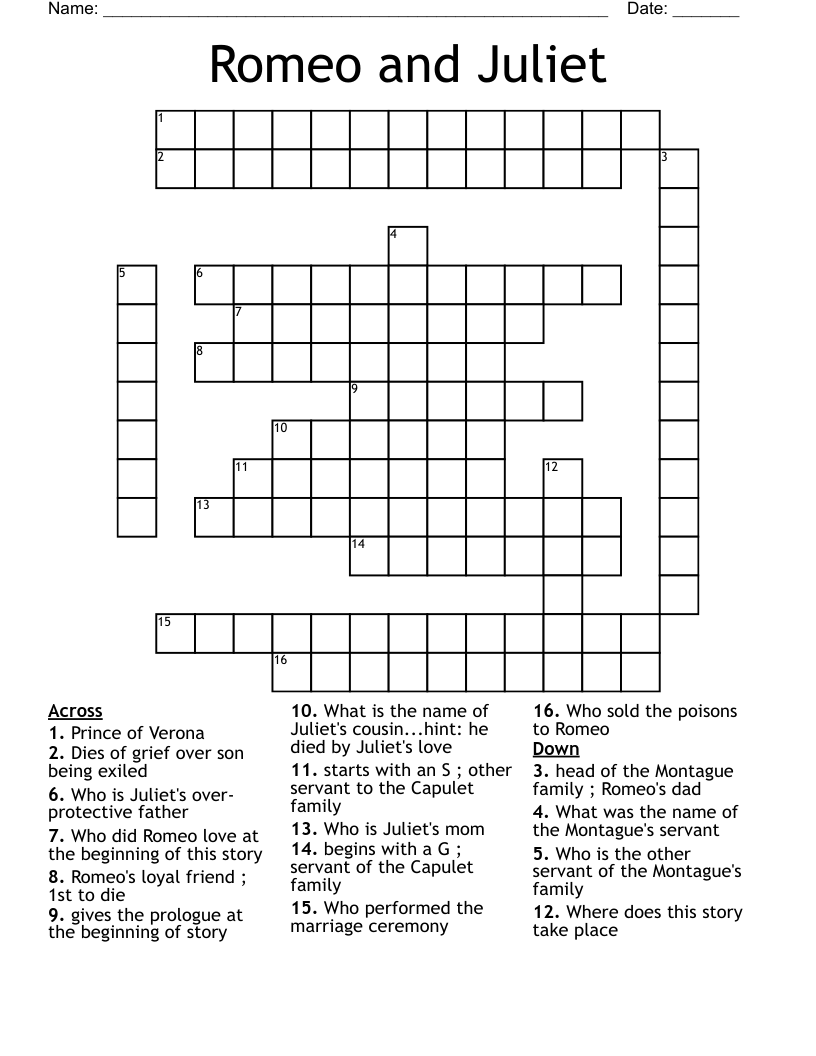Romeo and Juliet Crossword