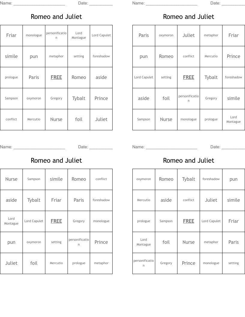Romeo and Juliet Bingo Cards