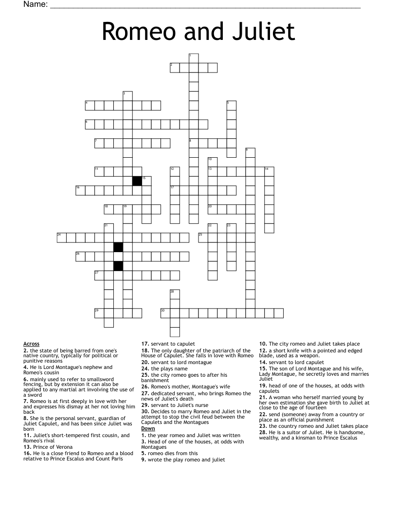 Romeo and Juliet Crossword