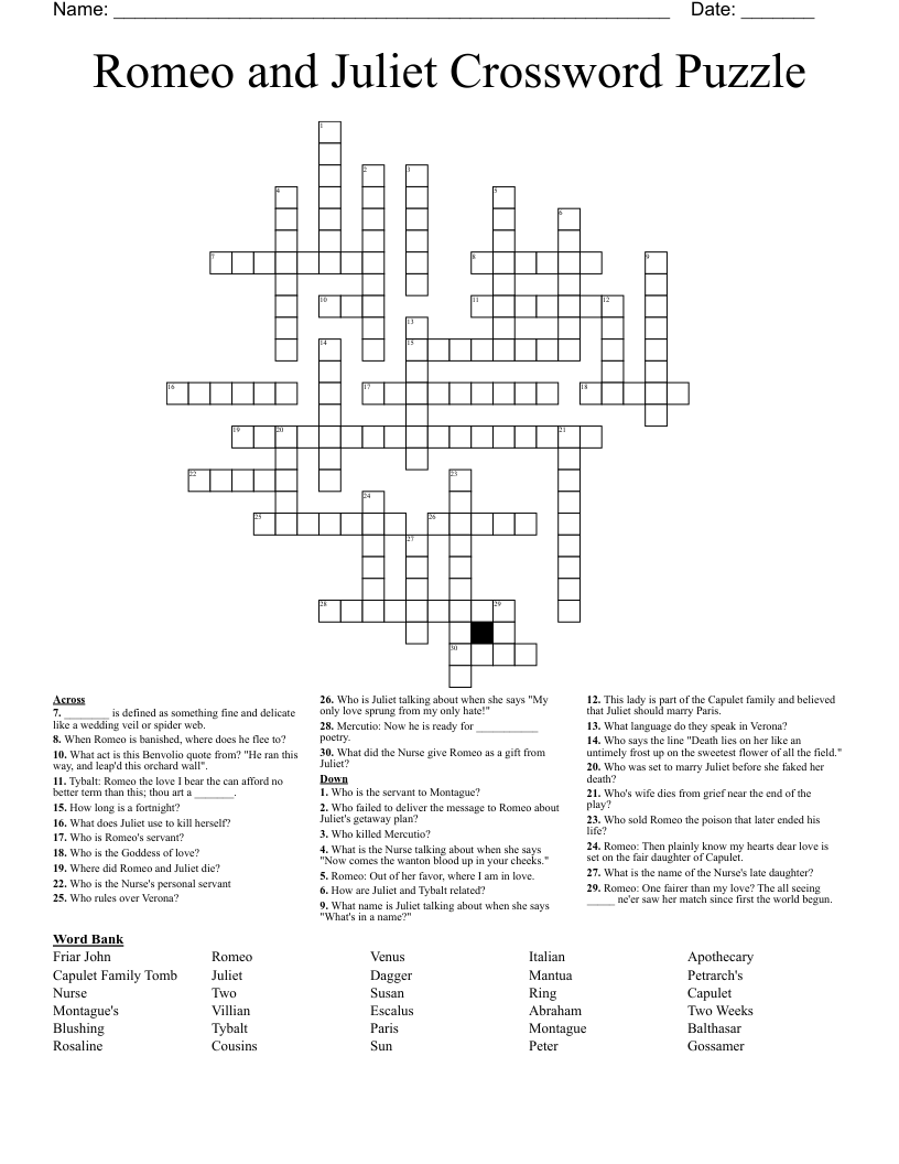 Romeo And Juliet Crossword Puzzle WordMint