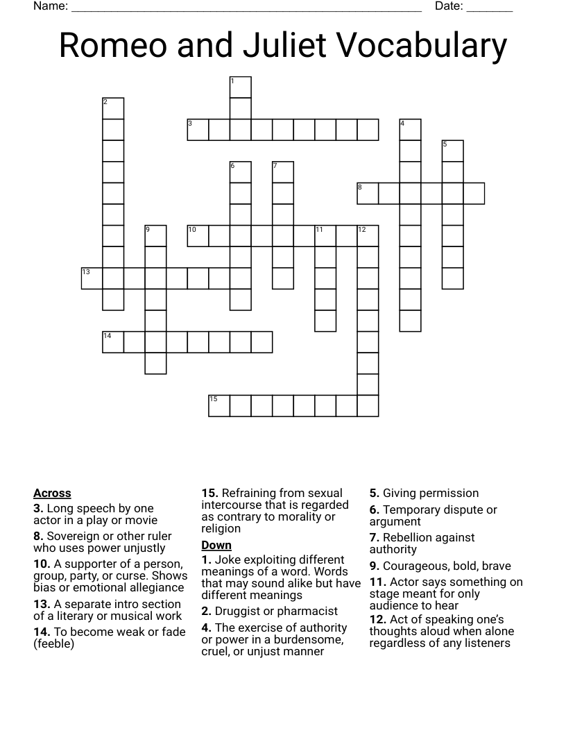 Romeo and Juliet Vocabulary Crossword WordMint Romeo and Juliet Vocabulary Crossword WordMint