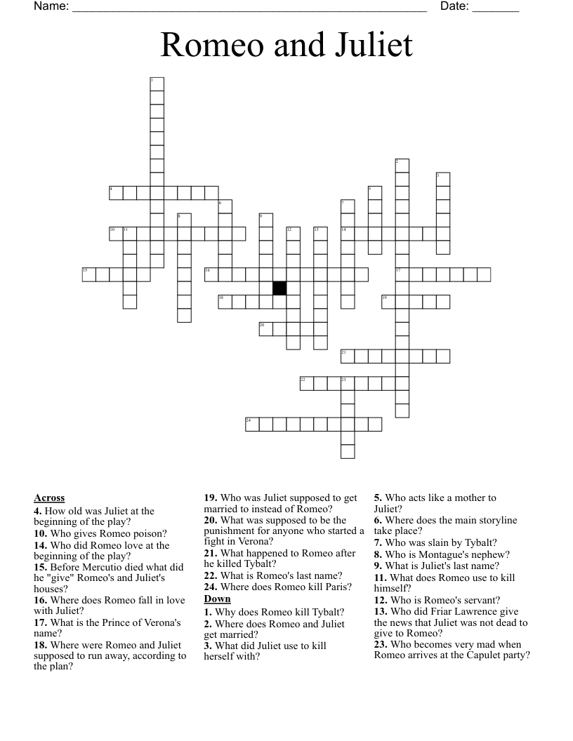 Romeo and Juliet  Crossword