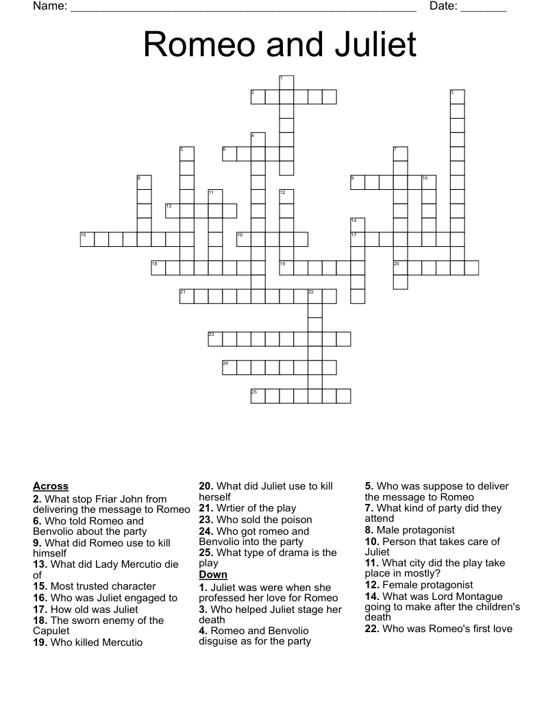 Romeo and Juliet  Crossword