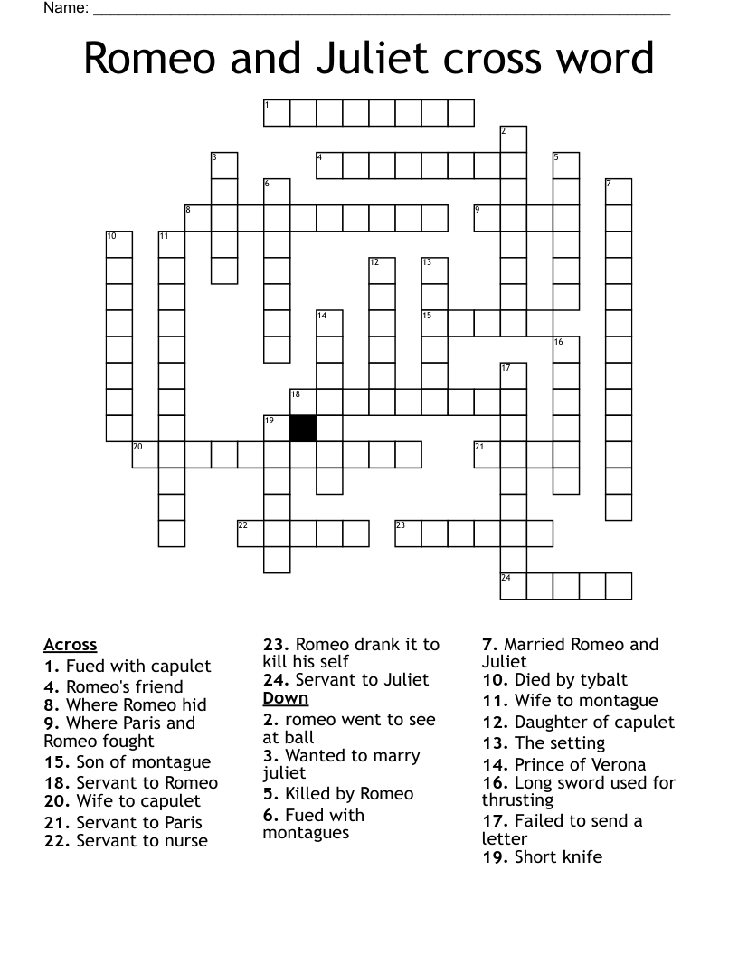 Romeo and Juliet cross word 