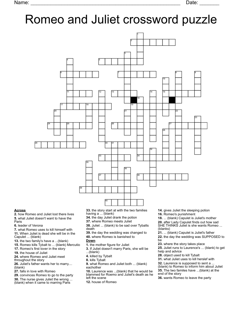 Romeo And Juliet Crossword Puzzle WordMint