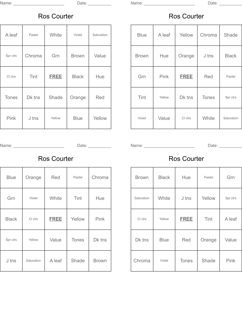 Ros Courter Bingo Cards