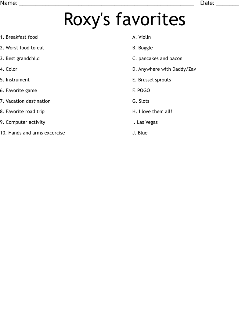 Roxy's favorites Worksheet