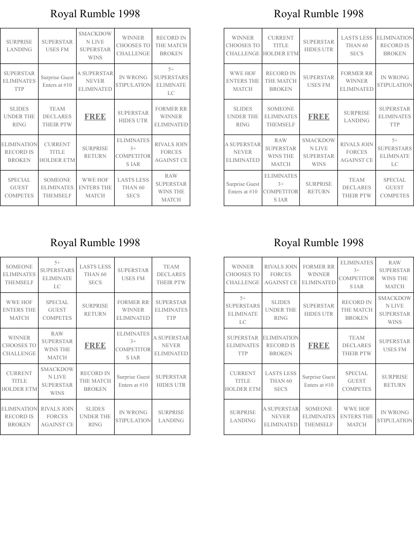 Royal Rumble 1998 Bingo Cards
