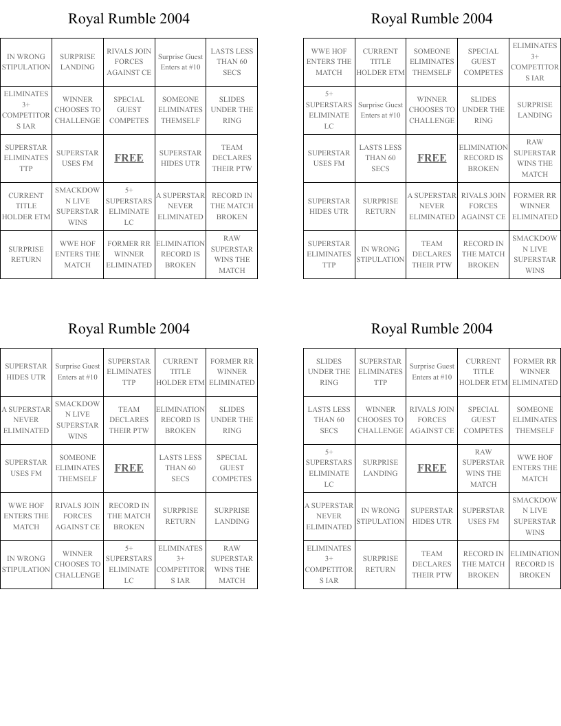 Royal Rumble 2004 Bingo Cards