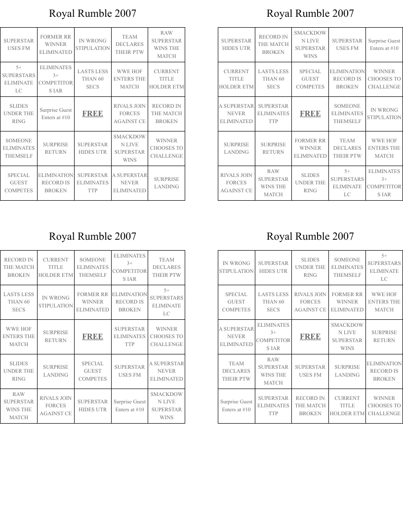Royal Rumble 2007 Bingo Cards