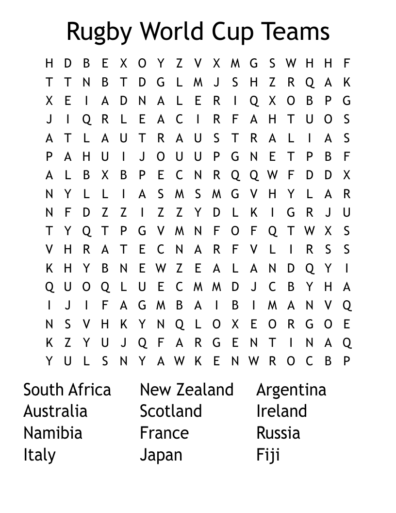Rugby World Cup Teams Word Search WordMint