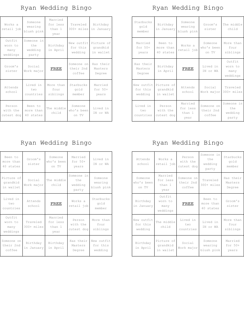 Ryan Wedding Bingo