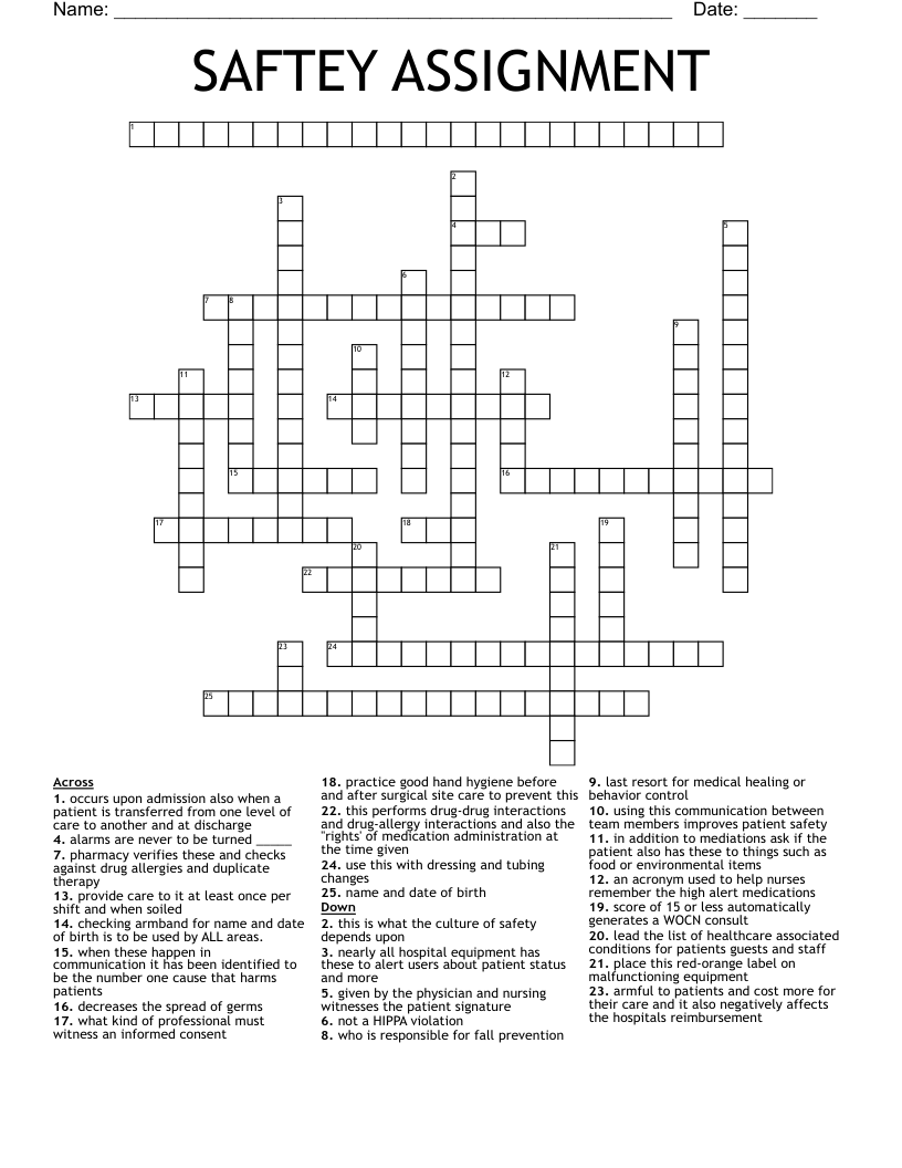 SAFTEY ASSIGNMENT Crossword