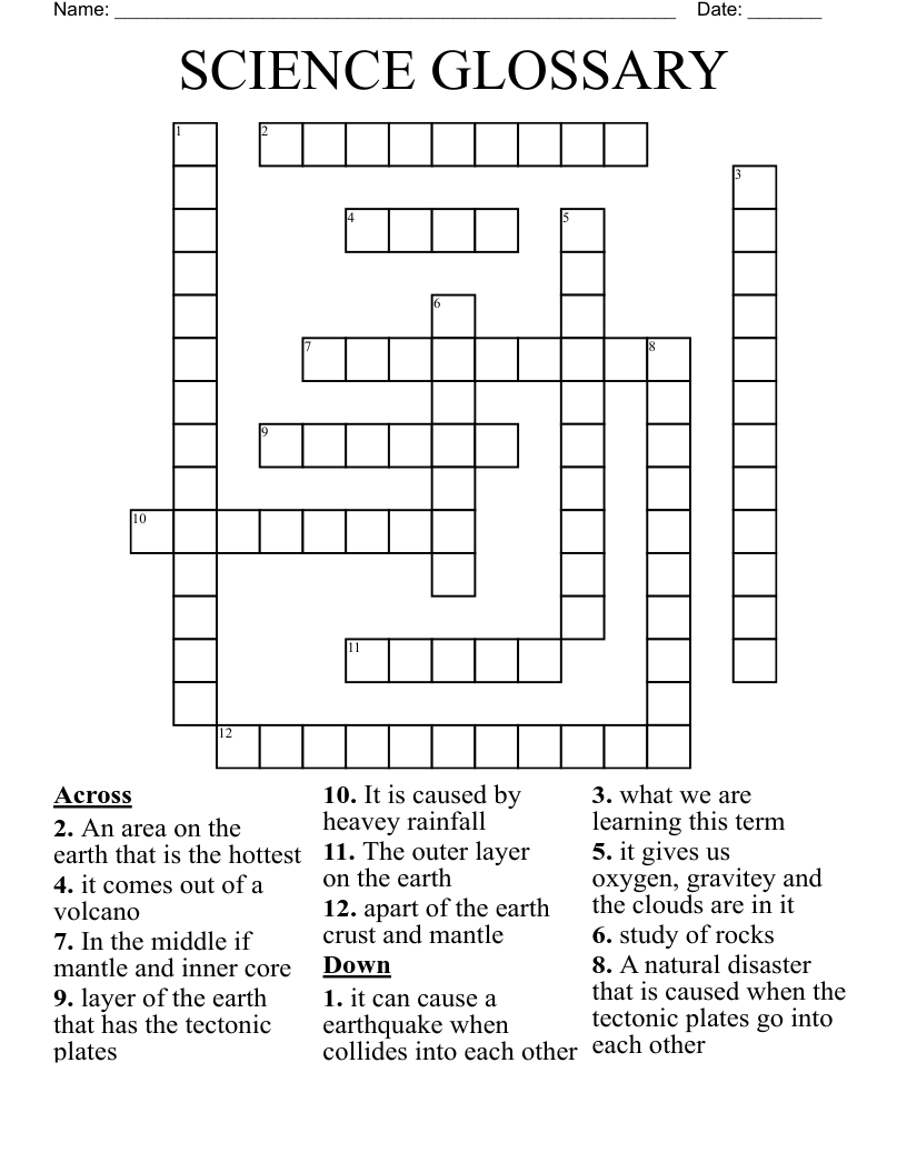 SCIENCE GLOSSARY  Crossword