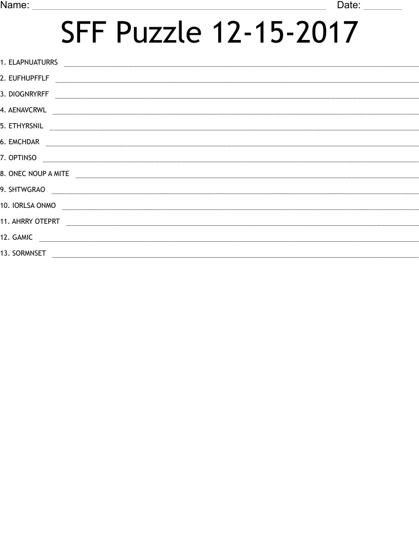 SFF Puzzle 12-15-2017 Word Scramble