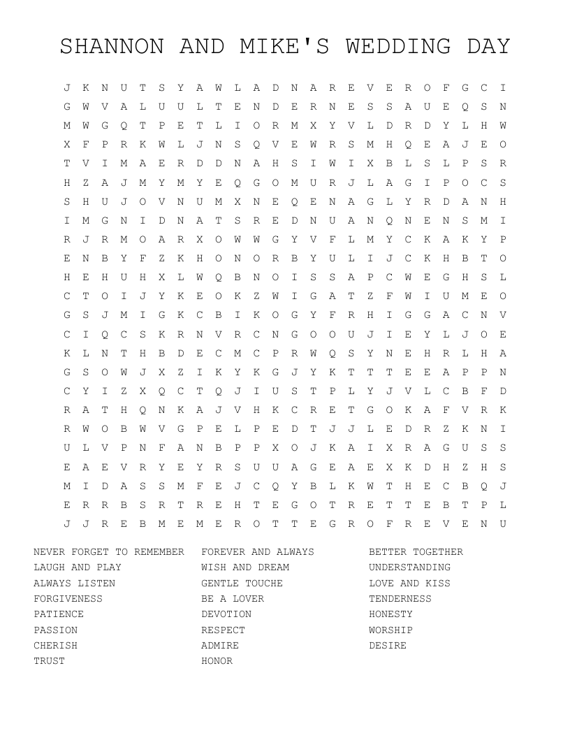 SHANNON AND MIKE'S WEDDING DAY Word Search