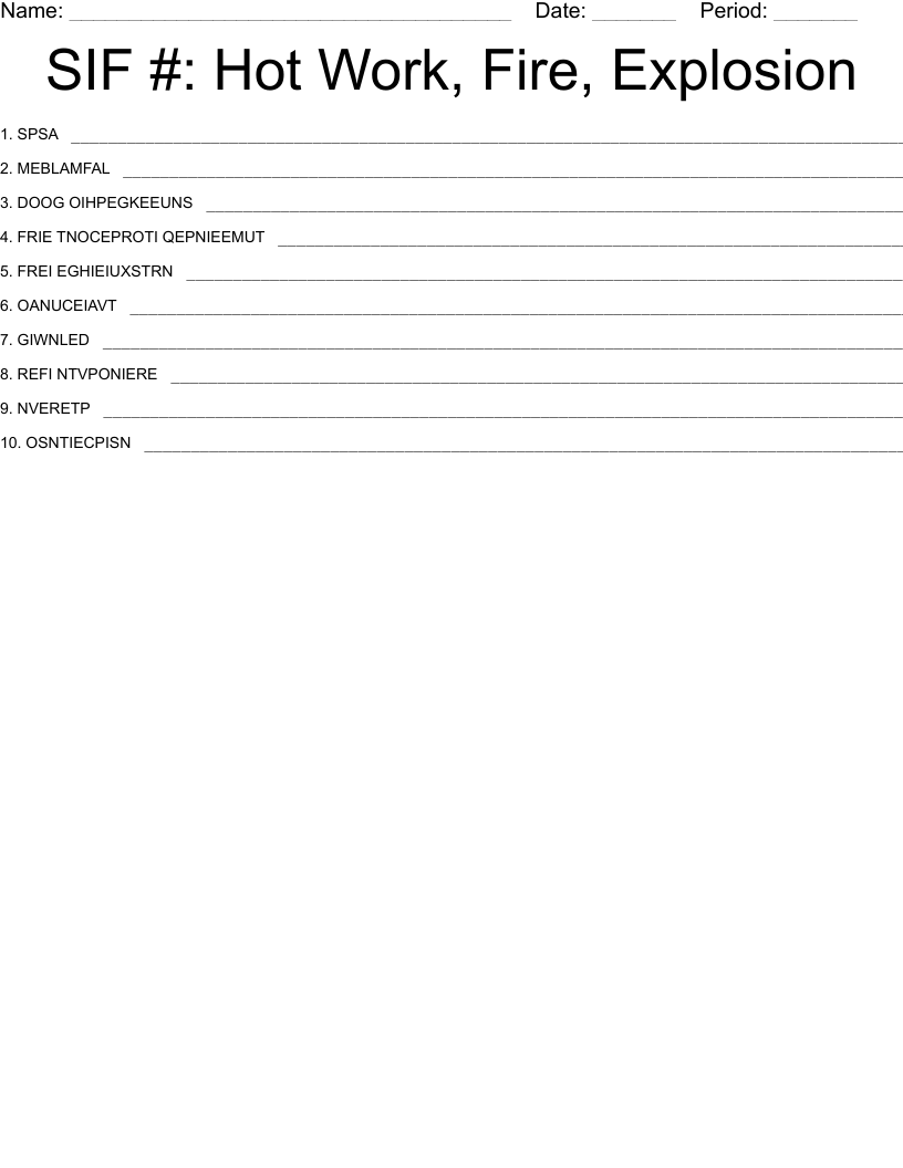SIF Hot Work, Fire, Explosion Word Scramble WordMint