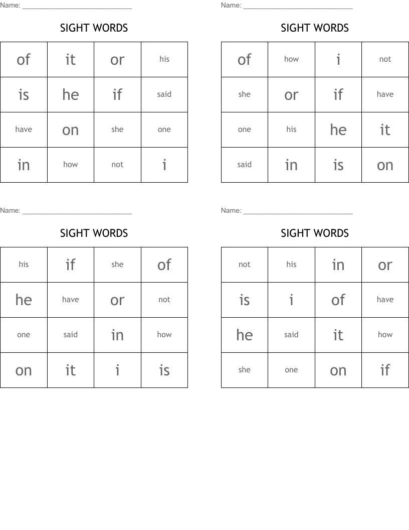 SIGHT WORDS Bingo Cards
