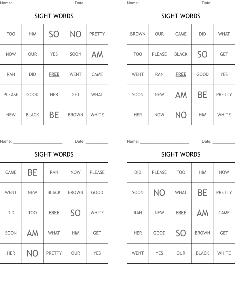 SIGHT WORDS Bingo Cards