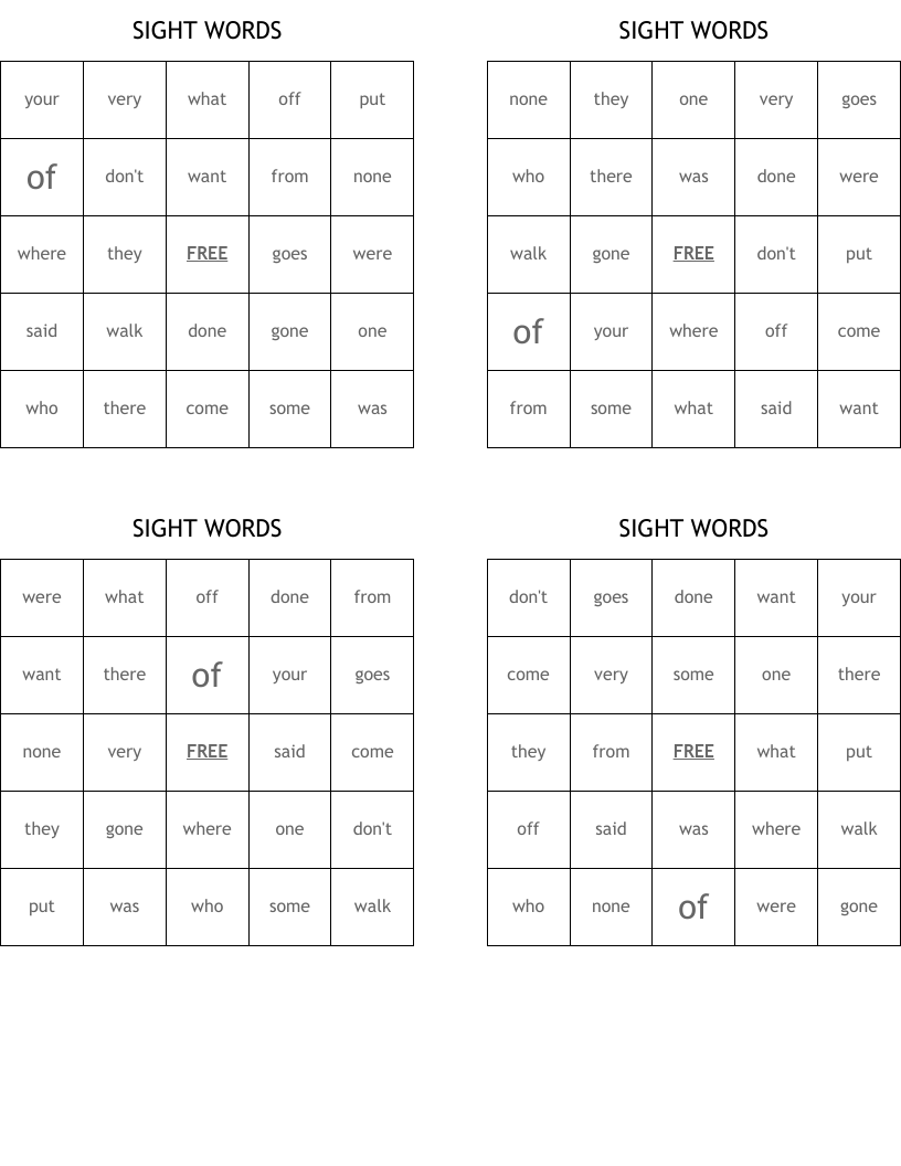 SIGHT WORDS Bingo Cards