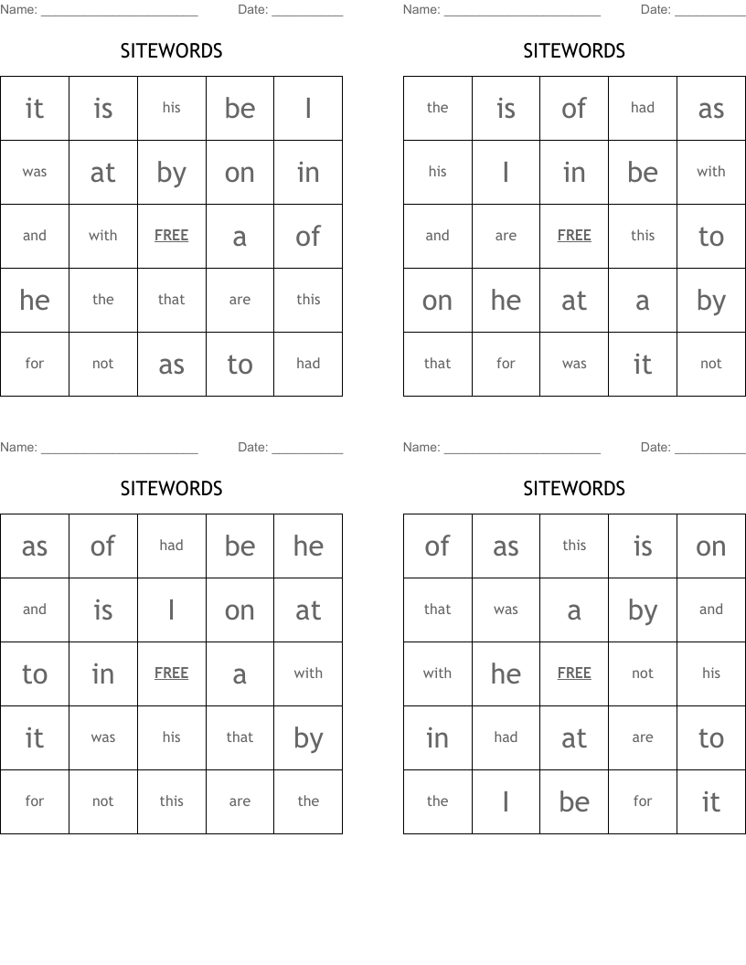 SITEWORDS Bingo Cards