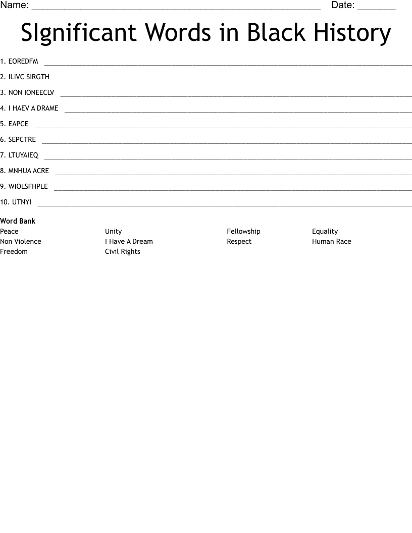 SIgnificant Words in Black History Word Scramble