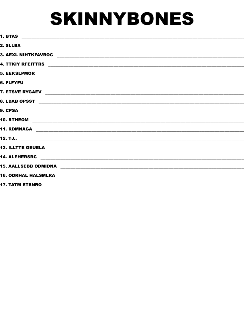 SKINNYBONES Word Scramble