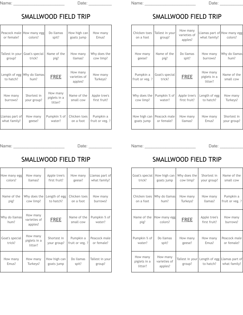 SMALLWOOD FIELD TRIP Bingo Cards
