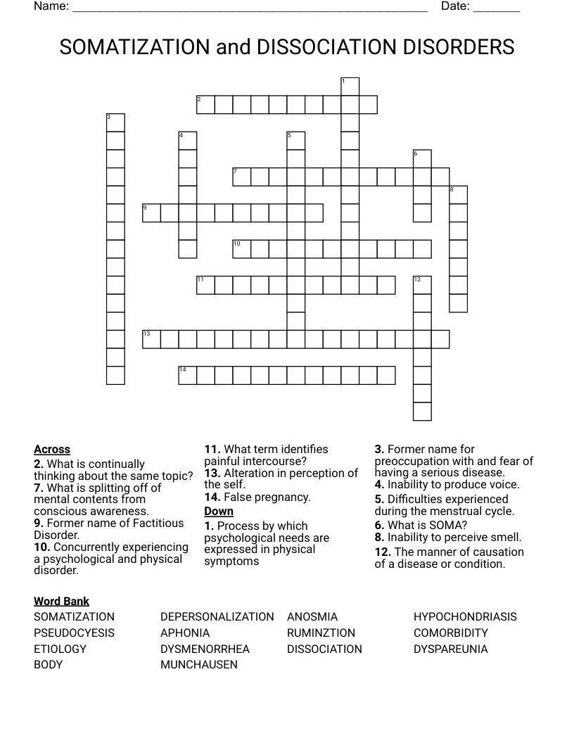 SOMATIZATION and DISSOCIATION DISORDERS Crossword