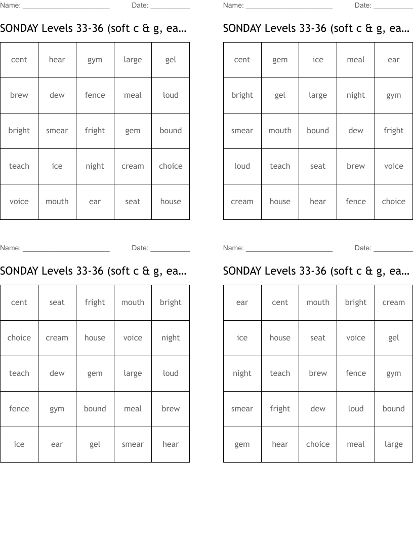 SONDAY Levels 33-36 (soft c & g, ea, ew, ear,igh,ou) Bingo Cards