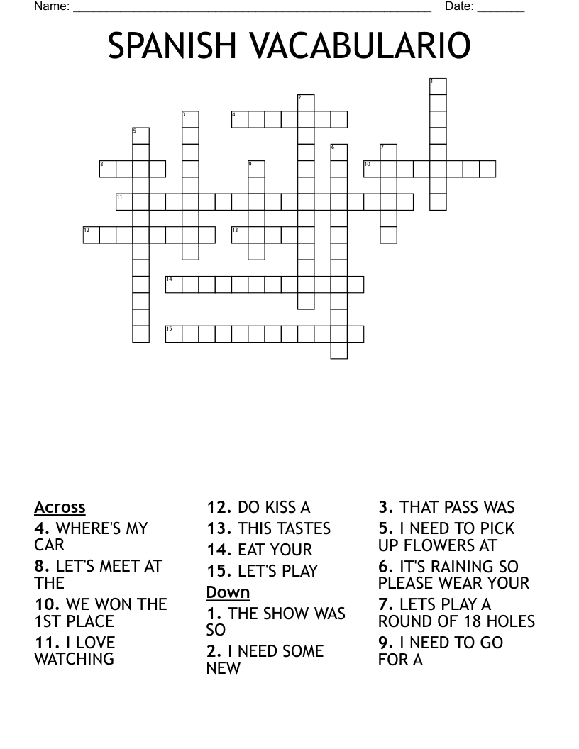 SPANISH VACABULARIO Crossword