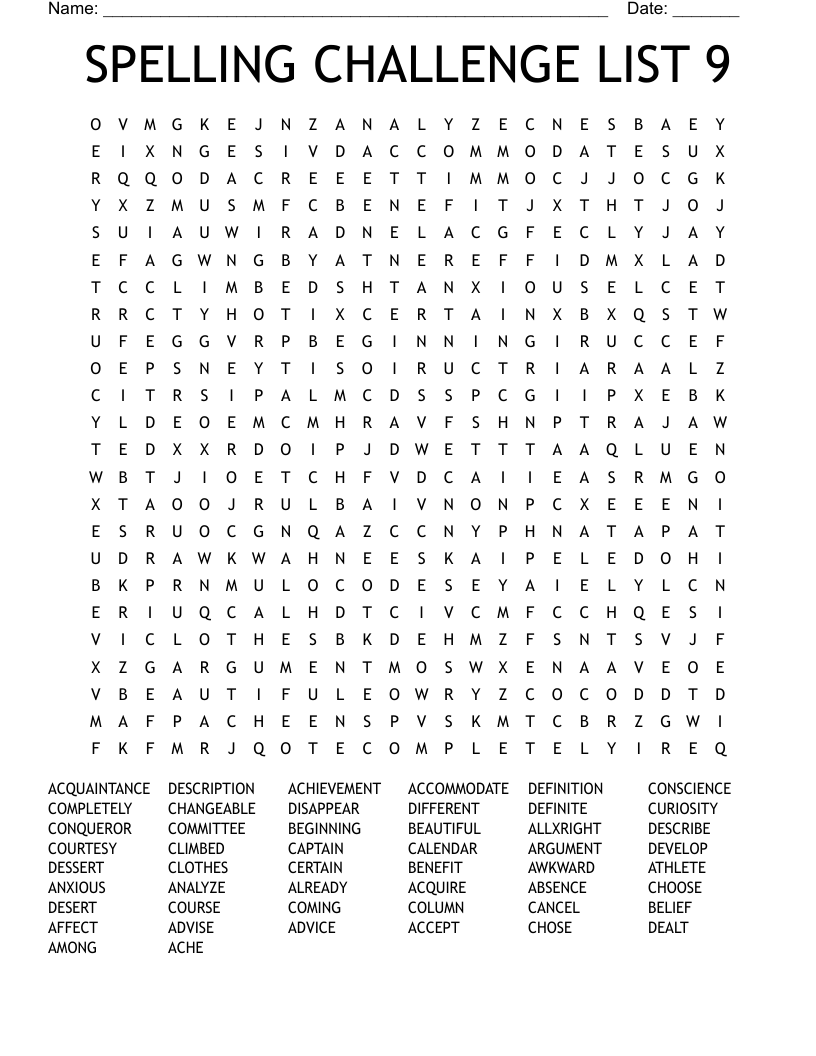 SPELLING CHALLENGE LIST 9 Word Search